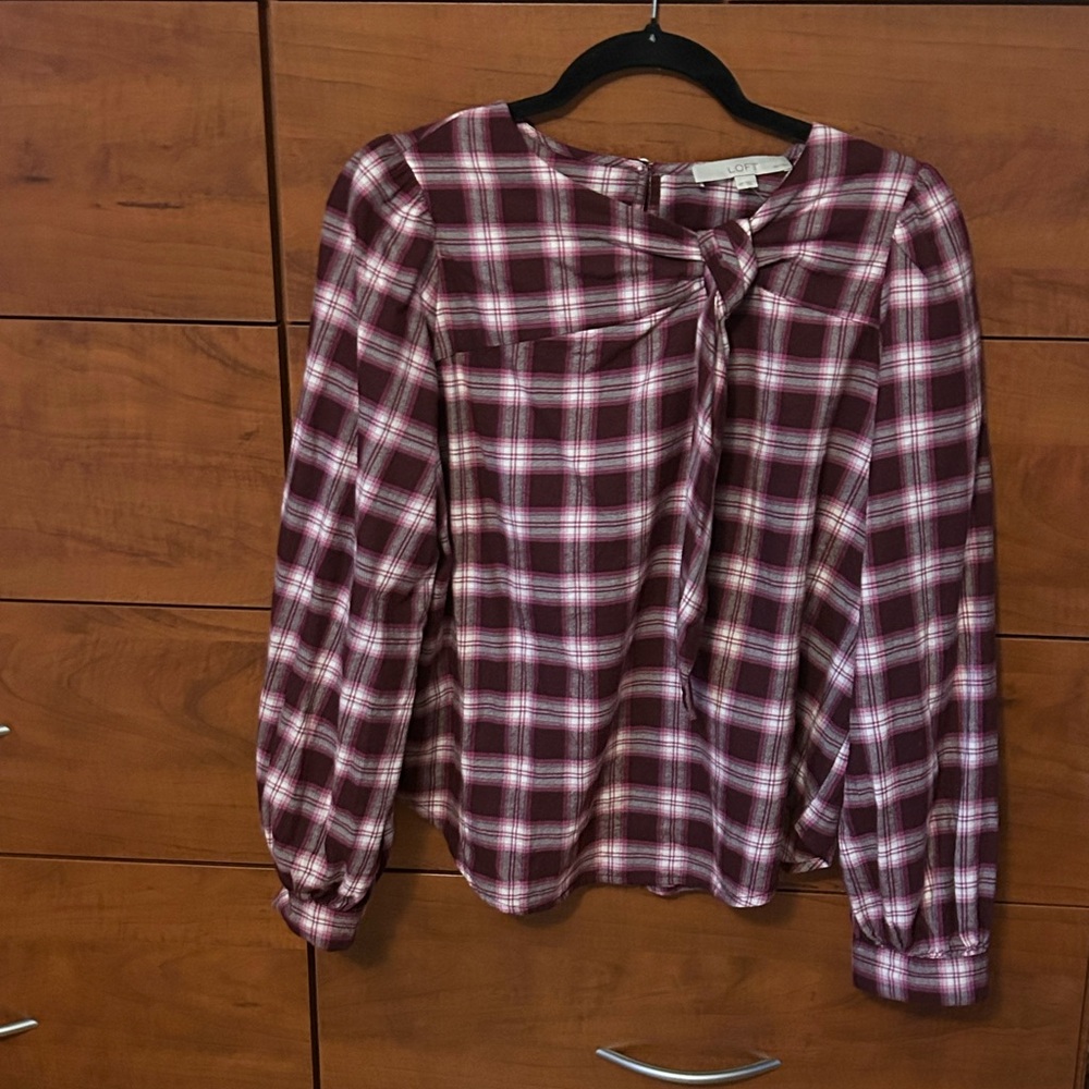 LOFT Burgundy Plaid Tie-Neck Blouse
